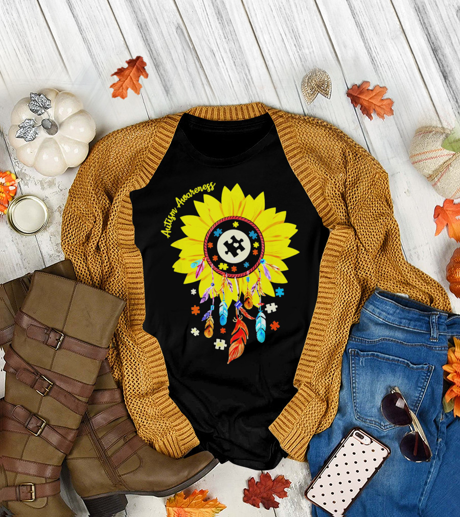 Autism Awareness Dream Catcher Sunflower with Puzzle Pieces T-Shirt