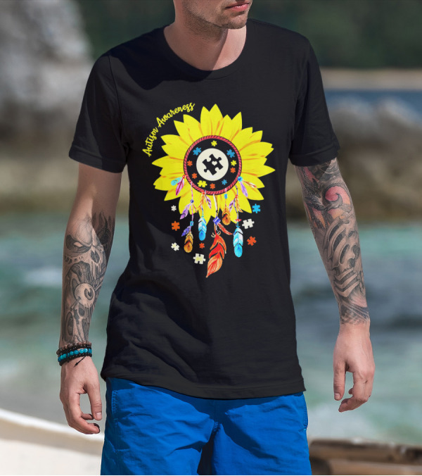 Autism Awareness Dream Catcher Sunflower With Puzzle Pieces T-Shirt