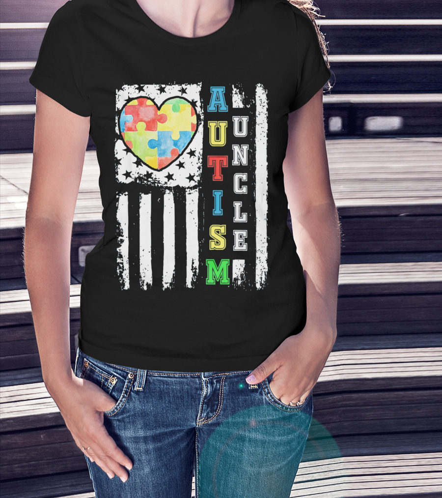 Autism Uncle US Flag Puzzle Heart T-Shirt