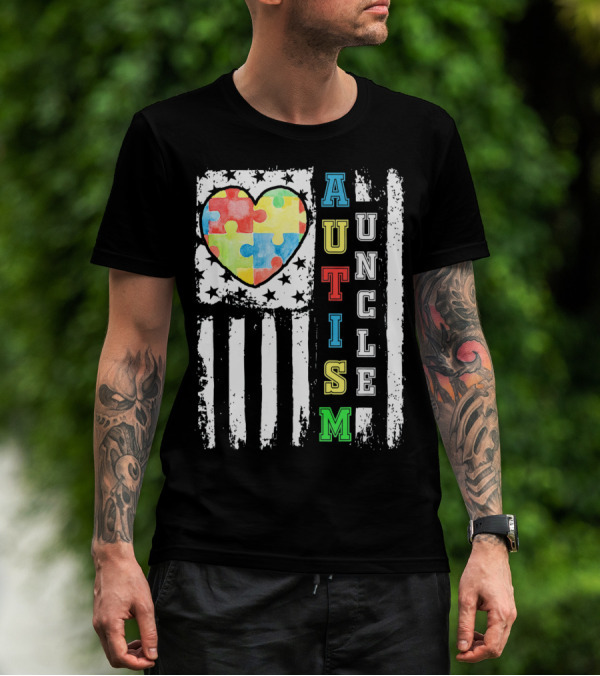 Autism Uncle US Flag Puzzle Heart T-Shirt