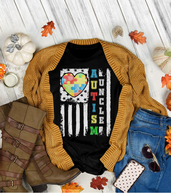 Autism Uncle US Flag Puzzle Heart T-Shirt