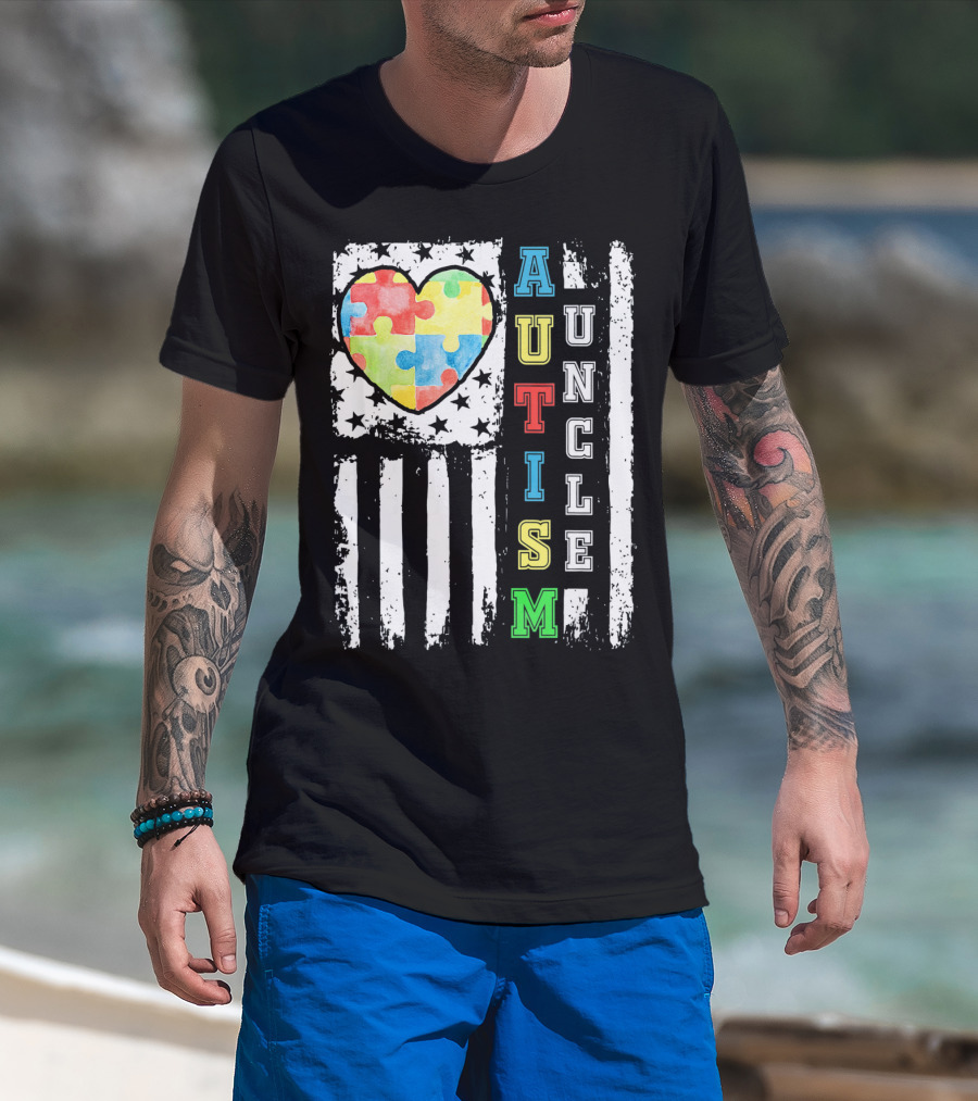 Autism Uncle US Flag Puzzle Heart T-Shirt