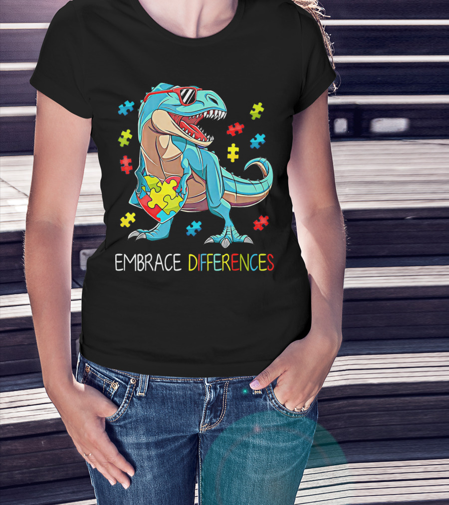 Embrace Differences Autism Awareness Dinosaur Rex Puzzle T-Shirt