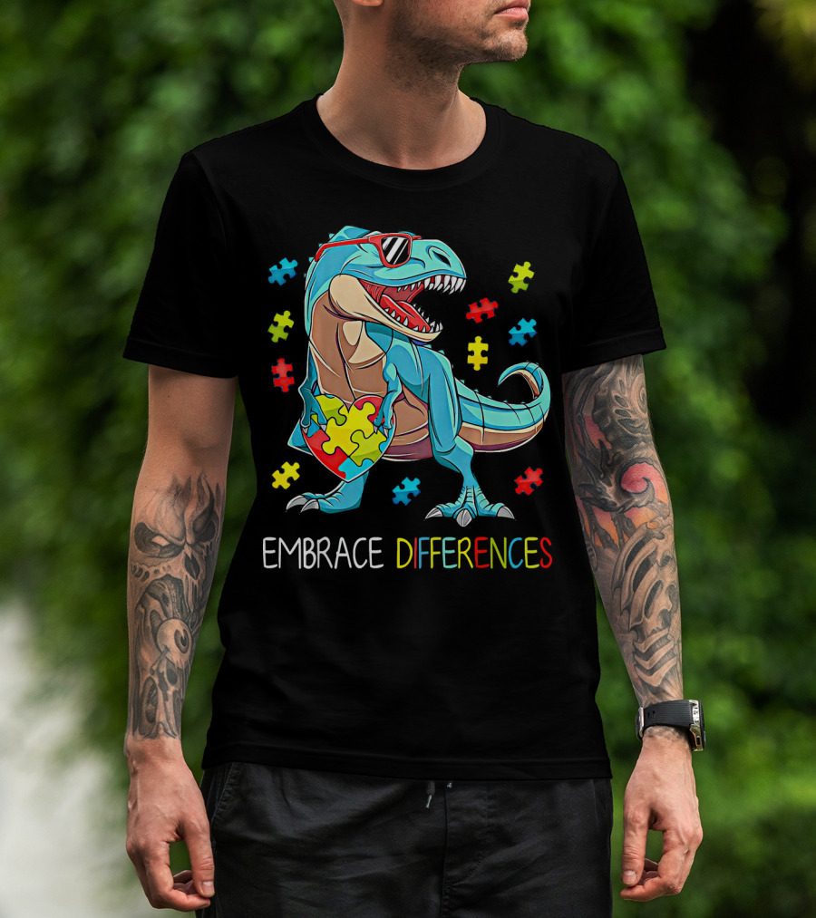 Embrace Differences Autism Awareness Dinosaur Rex Puzzle T-Shirt