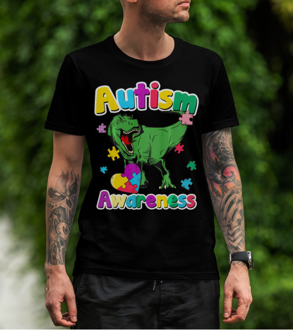 Autism Awareness Colorful Puzzle Tyrannosaurus T-Shirt