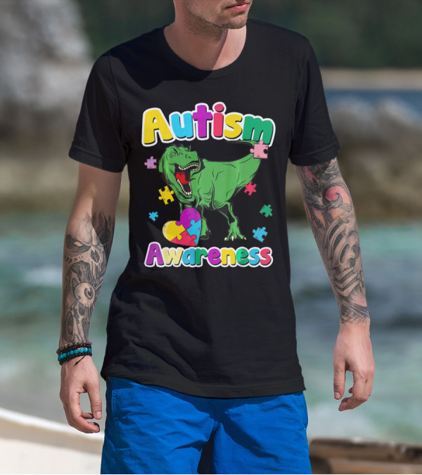 Autism Awareness Colorful Puzzle Tyrannosaurus T-Shirt
