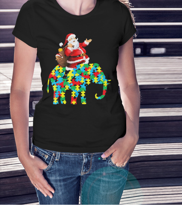 Santa Claus Riding Puzzle Piece Elephant Christmas Autism T-Shirt
