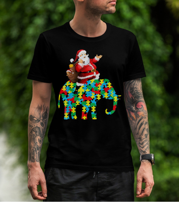 Santa Claus Riding Puzzle Piece Elephant Christmas Autism T-Shirt