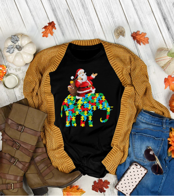 Santa Claus Riding Puzzle Piece Elephant Christmas Autism T-Shirt