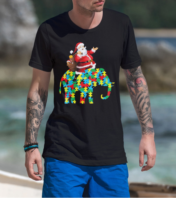 Santa Claus Riding Puzzle Piece Elephant Christmas Autism T-Shirt