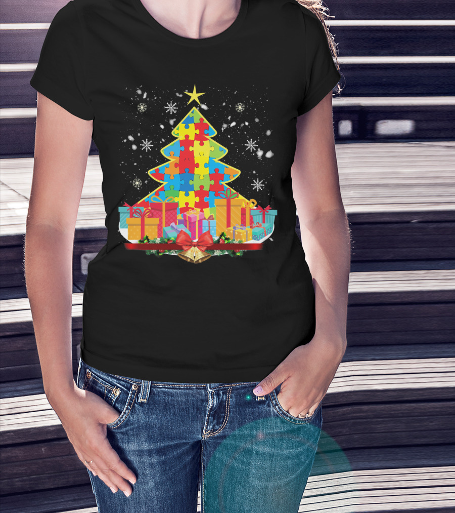 Christmas Tree Puzzle Pieces Autism Awareness T-Shirt