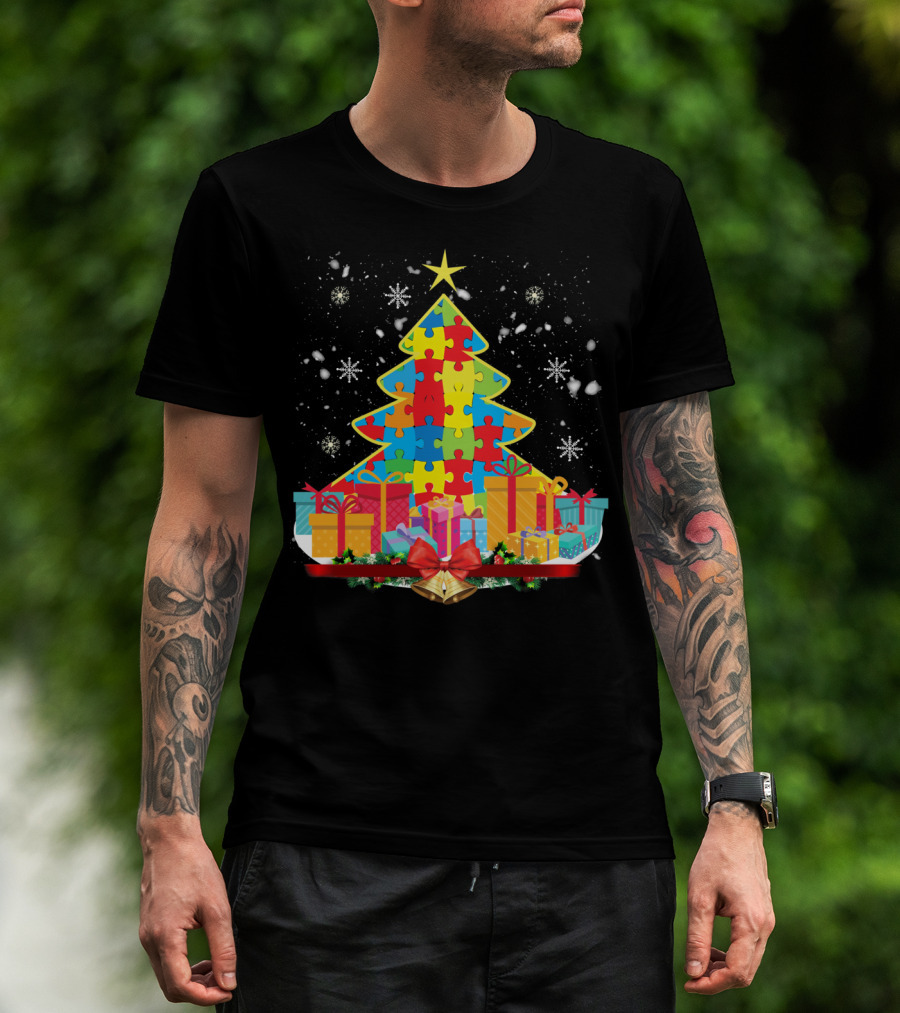 Christmas Tree Puzzle Pieces Autism Awareness T-Shirt