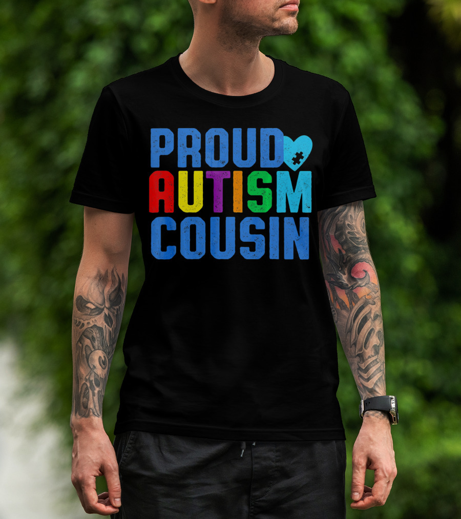Proud Autism Cousin Family Support Rainbow Puzzle Heart T-Shirt