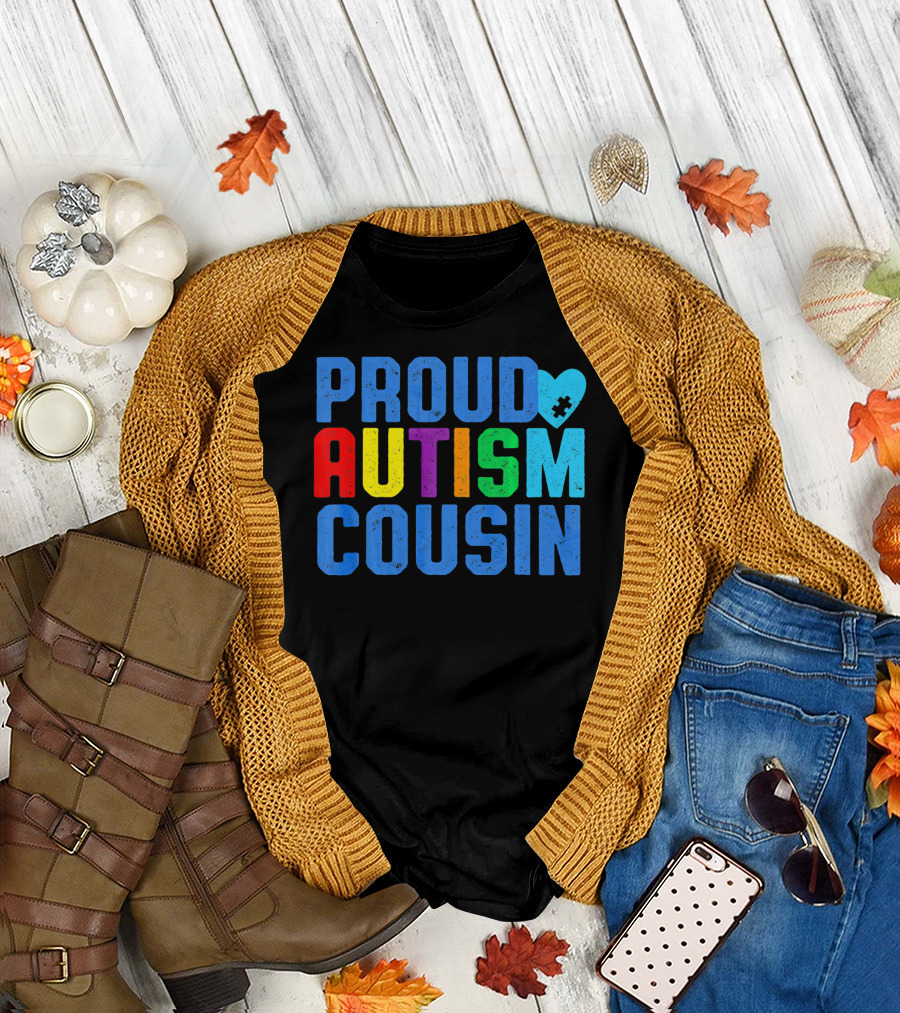 Proud Autism Cousin Family Support Rainbow Puzzle Heart T-Shirt