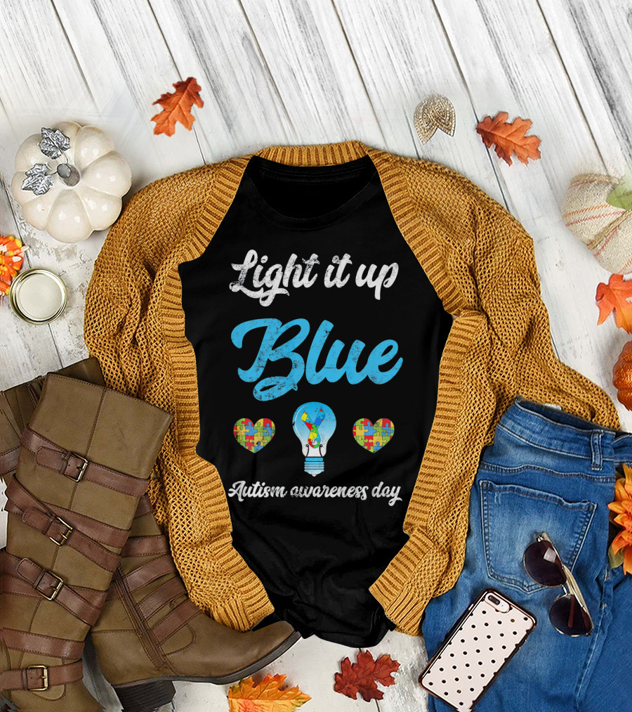 Light It Up Blue Autism Awareness Day Puzzle Hearts Lightbulb T-Shirt