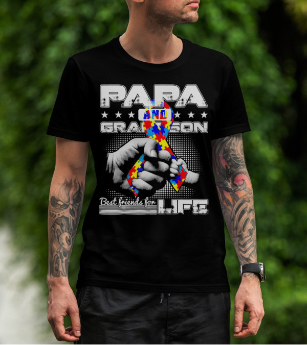 Papa And Grandson Best Friends For Life Puzzle Ribbon Hands T-Shirt