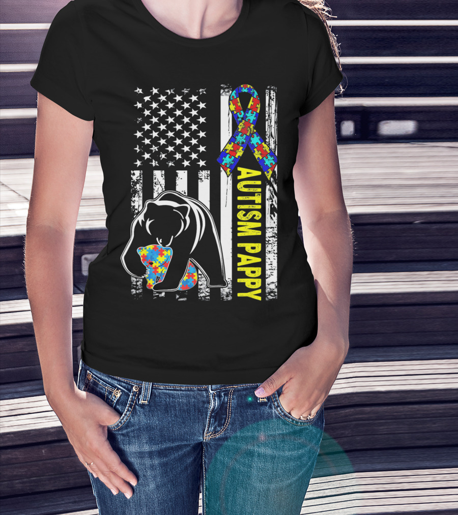 Autism Pappy American Flag Bear Ribbon Puzzle Awareness T-Shirt