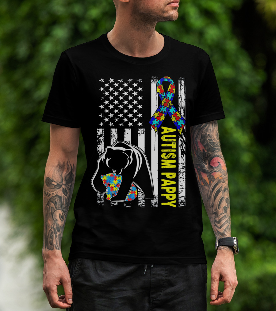 Autism Pappy American Flag Bear Ribbon Puzzle Awareness T-Shirt