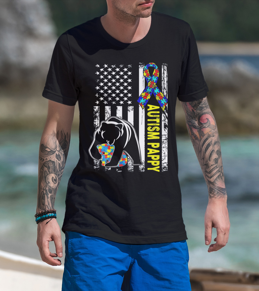 Autism Pappy American Flag Bear Ribbon Puzzle Awareness T-Shirt