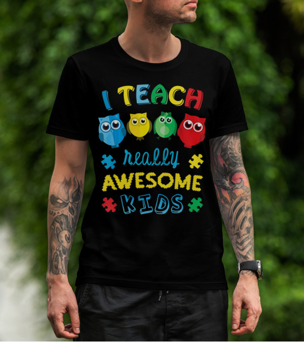 I Teach Really Awesome Kids Autism Teacher Awareness Cute Owl T-Shirt