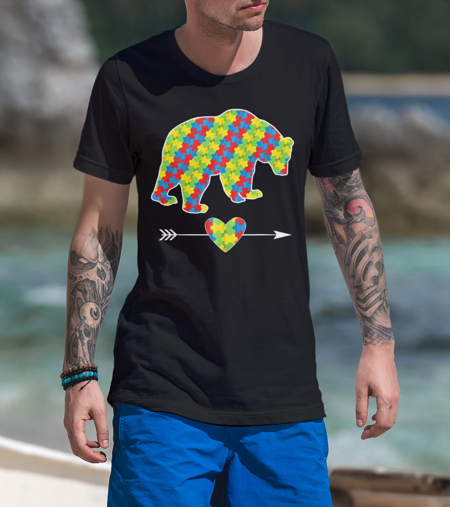 Bear With Puzzle Pieces And Arrow Heart Autism Awareness T-Shirt