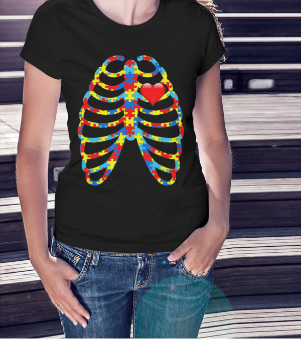 Colorful Puzzle Skeleton Rib Cage Autism Awareness Heart T-Shirt