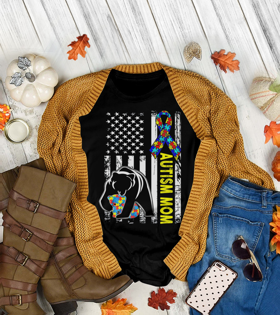 Autism Mom Bear with Puzzle Ribbon and American Flag T-Shirt