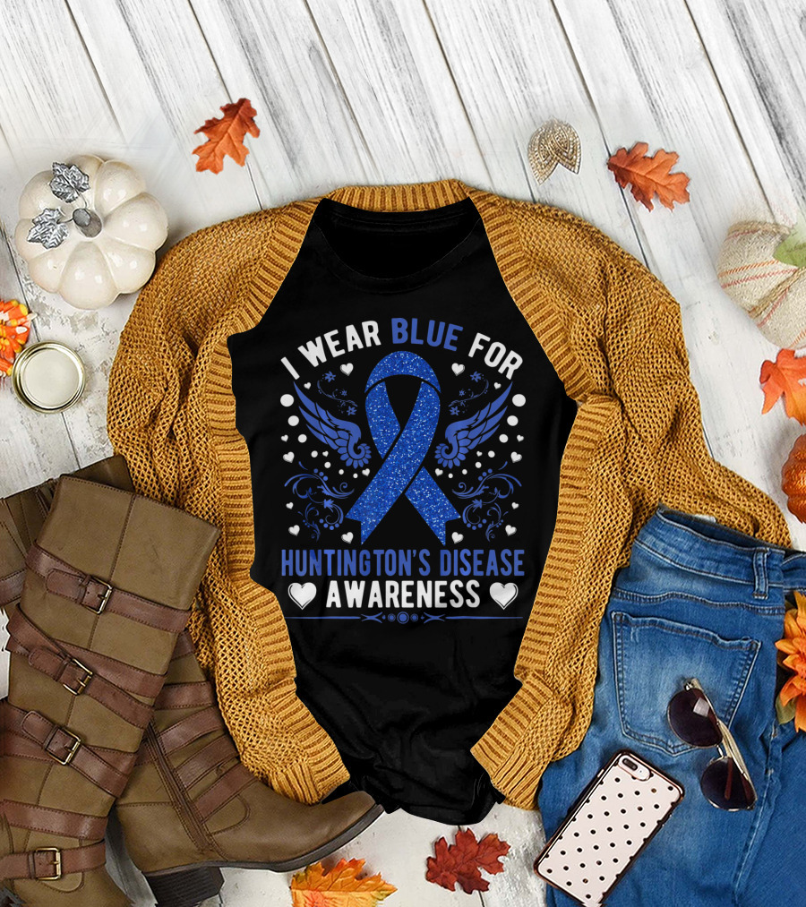 I Wear Blue for Huntington's Disease Awareness Ribbon Wings Hearts T-Shirt