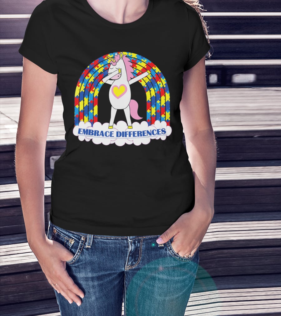 Embrace Differences Autism Awareness Kids Teens Girls Unicorn T-Shirt