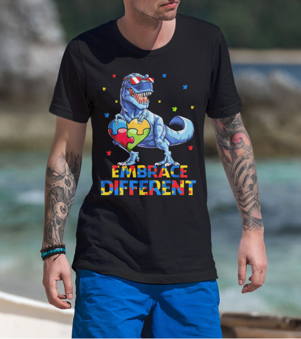 T Rex Embrace Different Autism Awareness Puzzle Heart T-Shirt
