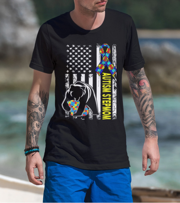 Autism Stepmom Bear American Flag Puzzle T-Shirt