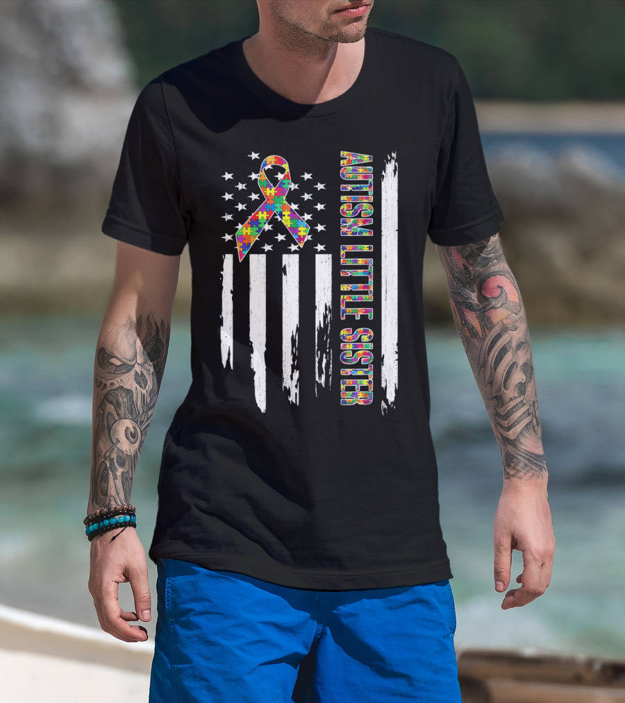 Autism Little Sister Puzzle Ribbon American Flag T-Shirt