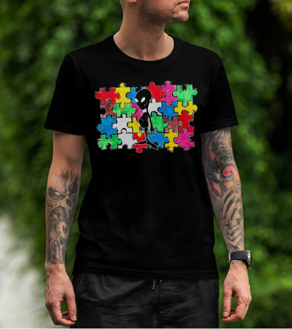 Alien UFO Autism Awareness Puzzle Piece T-Shirt