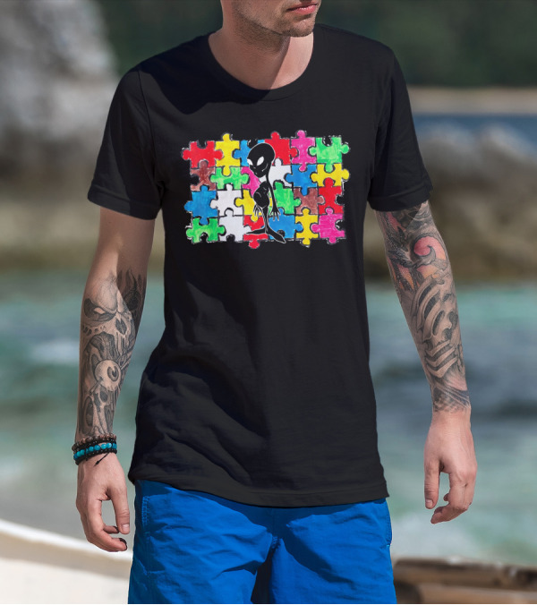 Alien UFO Autism Awareness Puzzle Piece T-Shirt