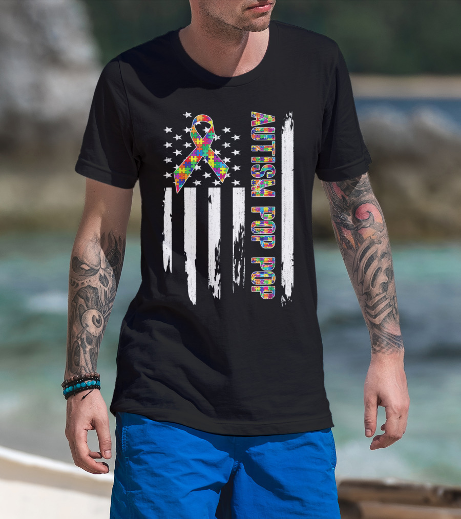 Autism Pop Pop American Flag Puzzle T-Shirt