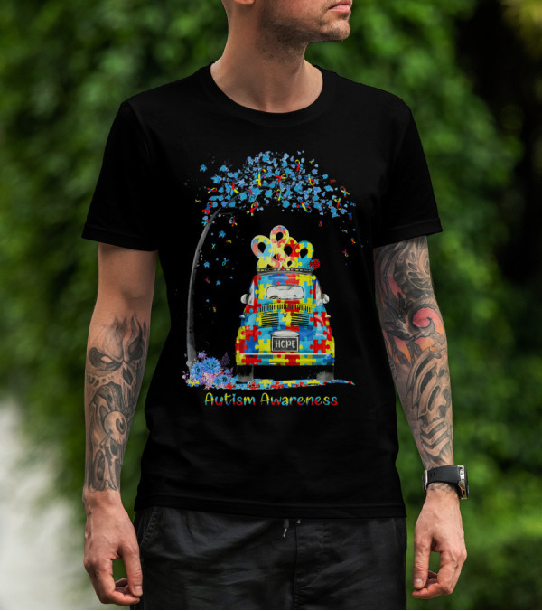HOPE Hippie Van Puzzle Pieces Ribbon Autism Awareness T-Shirt