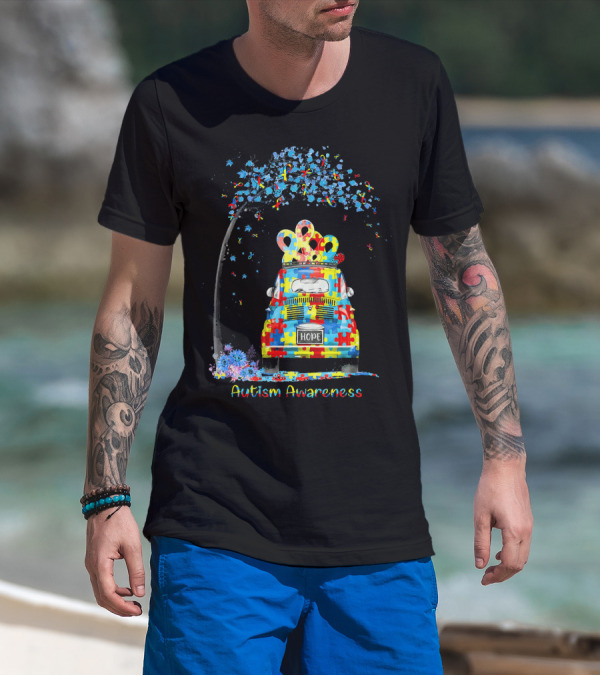 HOPE Hippie Van Puzzle Pieces Ribbon Autism Awareness T-Shirt