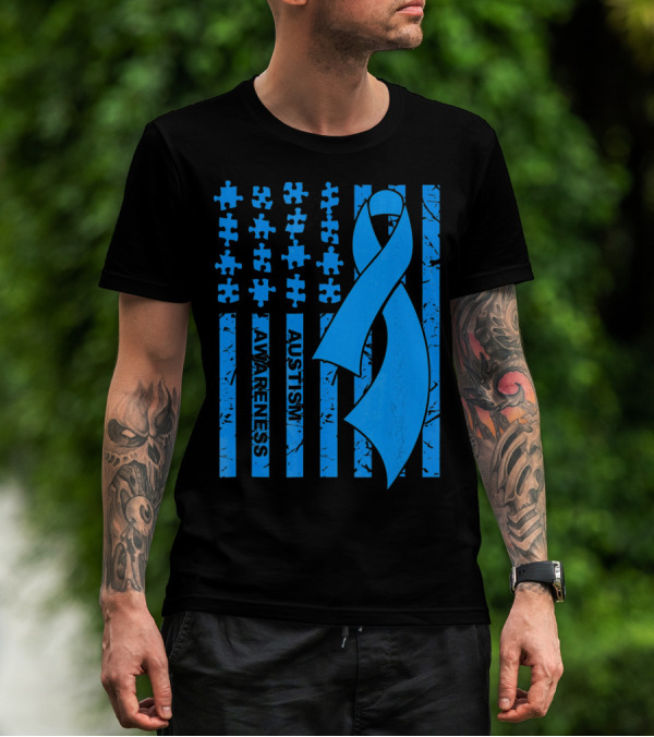 Autism Awareness Flag With Puzzle Pieces And Blue T-Shirt