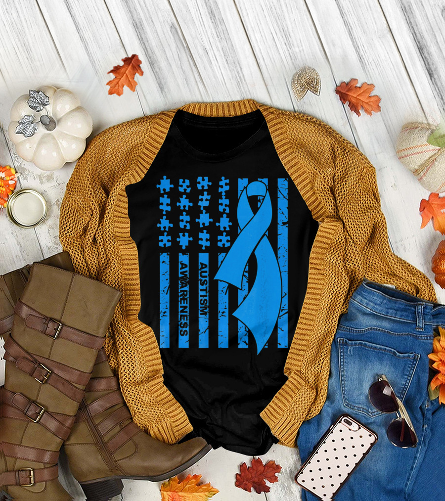 Autism Awareness Flag with Puzzle Pieces and Blue T-Shirt
