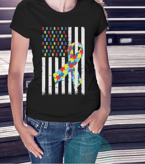 American Flag Puzzle Ribbon Autism Awareness T-Shirt
