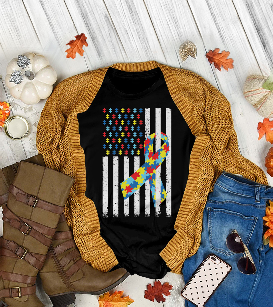 American Flag Puzzle Ribbon Autism Awareness T-Shirt