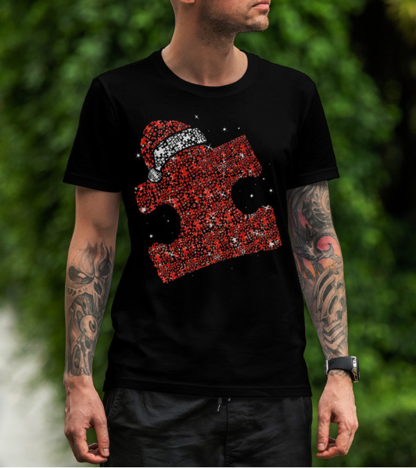 Autism Awareness Xmas Christmas Puzzle Piece With Santa Hat T-Shirt