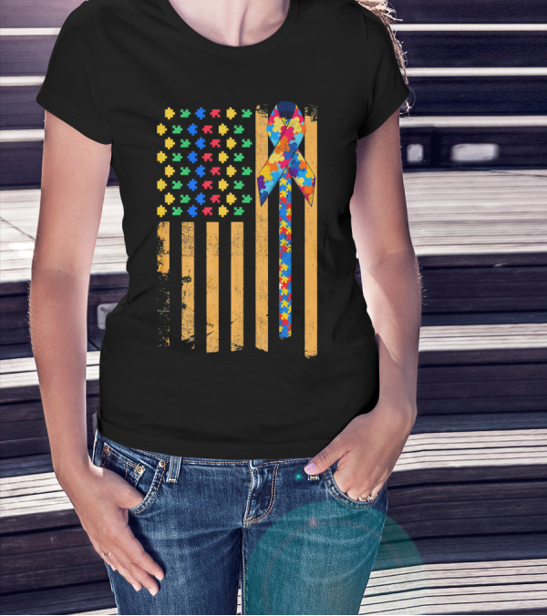 Autism Awareness Day American Flag Puzzle Ribbon T-Shirt