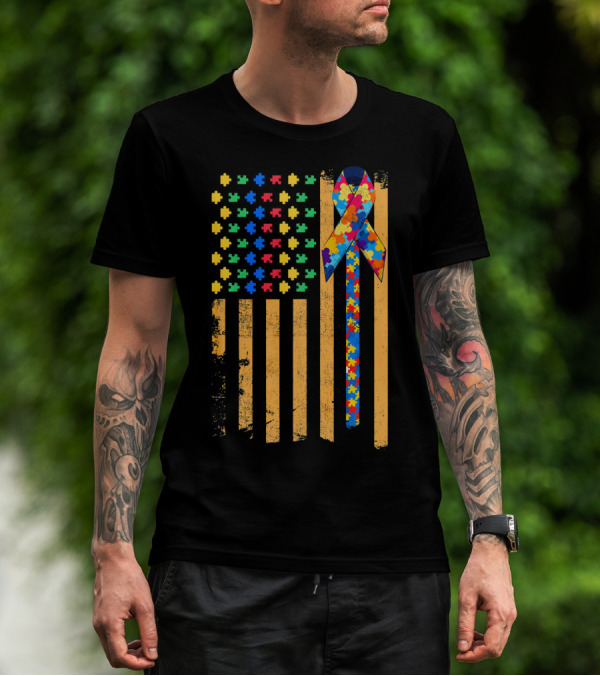 Autism Awareness Day American Flag Puzzle Ribbon T-Shirt