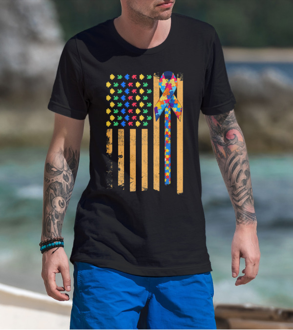Autism Awareness Day American Flag Puzzle Ribbon T-Shirt