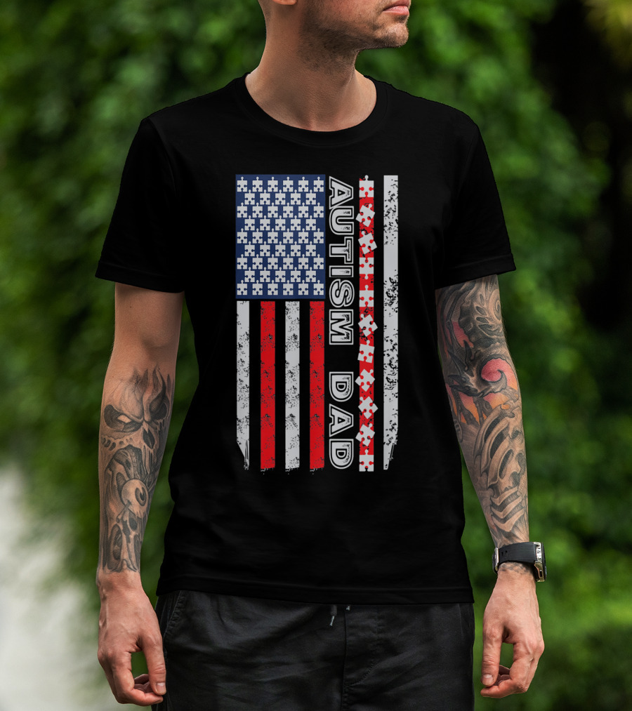 Mens Autism Dad American Flag Puzzle Piece Awareness T-Shirt