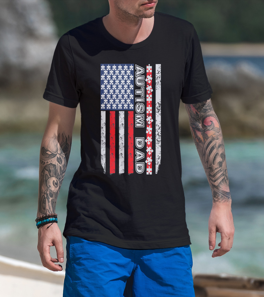 Mens Autism Dad American Flag Puzzle Piece Awareness T-Shirt