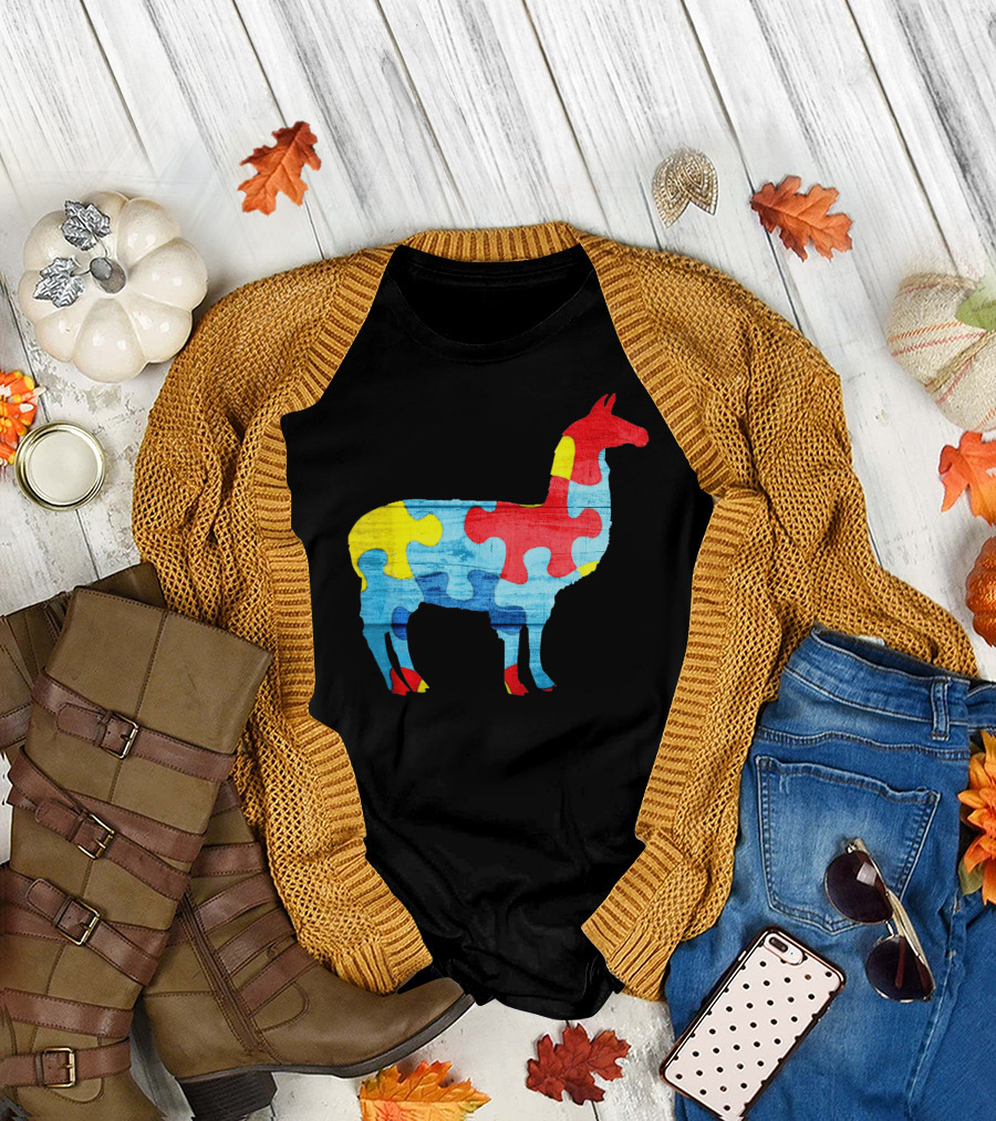 Autism Awareness Puzzle Llama Multicolor T-Shirt