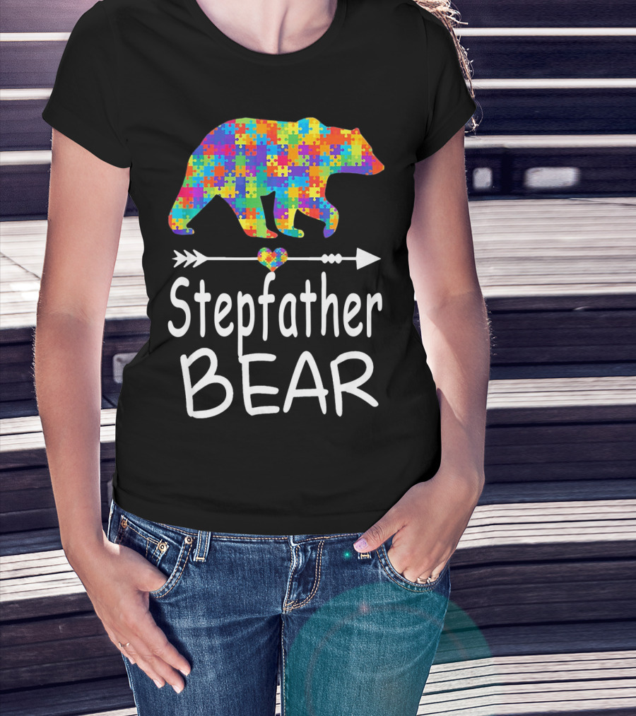 Stepfather Bear Puzzle Pattern Autism Awareness Family T-Shirt
