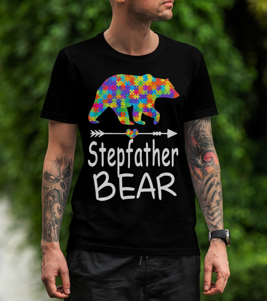 Stepfather Bear Puzzle Pattern Autism Awareness Family T-Shirt